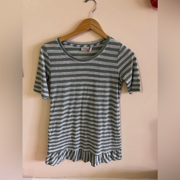 LOGO By Lori Goldstein Stripe Knit Shift Dress Flounce Hem Green XXS - Picture 4 of 16